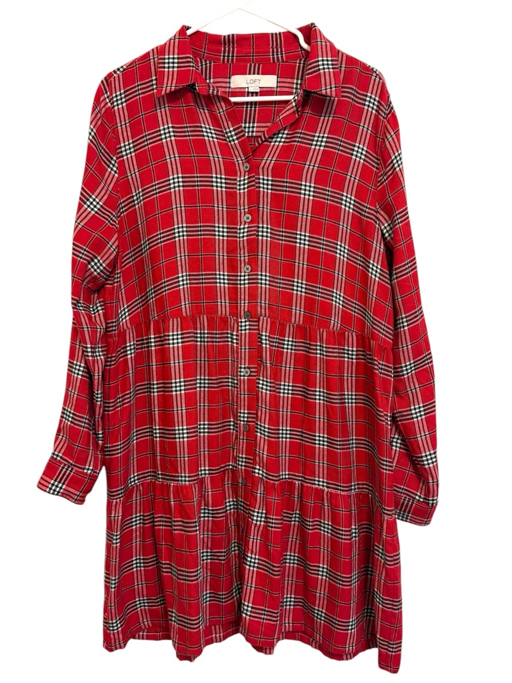 LOFT Plaid Tiered Shirt Dress Large Red Black Long Sleeve Button Front